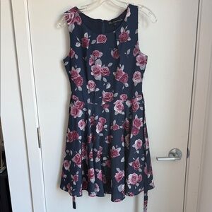 Women’s Navy Sleeveless Mini Dress with Pink Rose Print